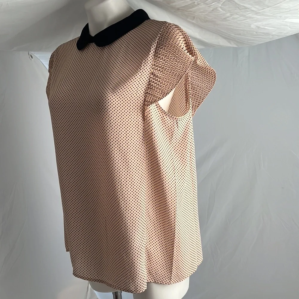 Adrianna Papell pink and black polka dot Peter Pan collar flutter sleeve blouse